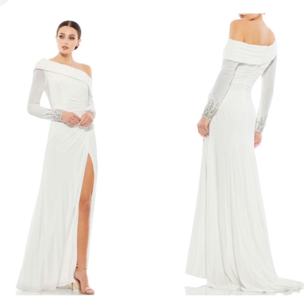 Mac Duggal White Emebellished One Shoulder Long Sleeve Jersey Gown